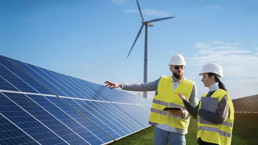 Profissionais com colete e capacete em um parque solar, com aerogerador ao fundo