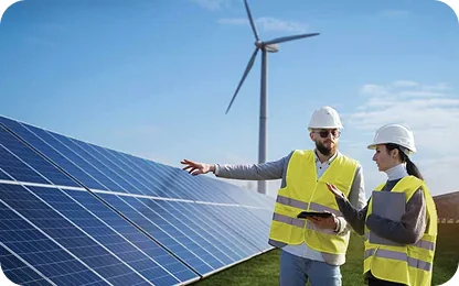 Dois profissionais com colete e capacete em um parque solar, com aerogerador ao fundo
